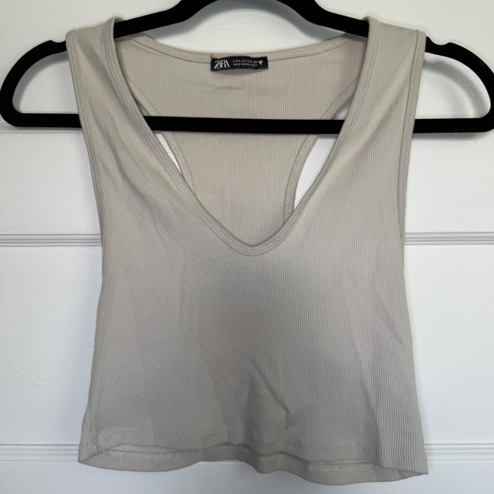 Zara Ribbed V-Neck Racerback Crop Top Light Beige Tan Large